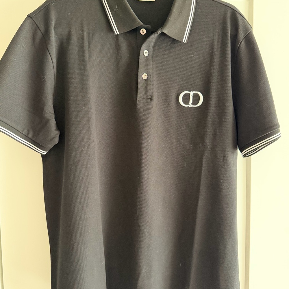 Dior Black Polo with White Logo and Stripe Trim
